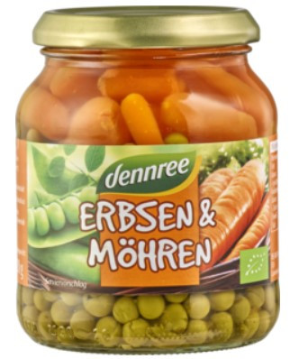Zöldborsó-bébirépa sós lében üvegben, bio, Dennreel (720ml)